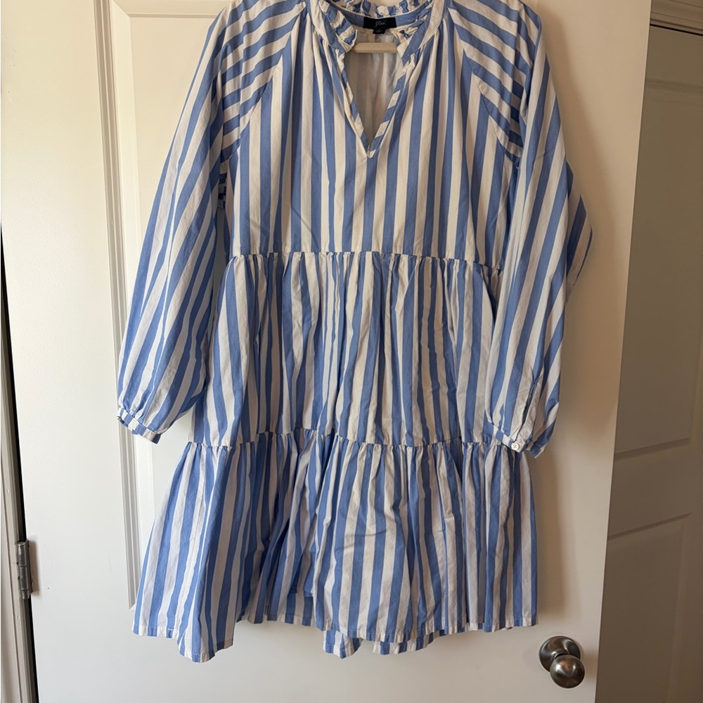 J. Crew Blue and White Striped Tiered Cotton Dress